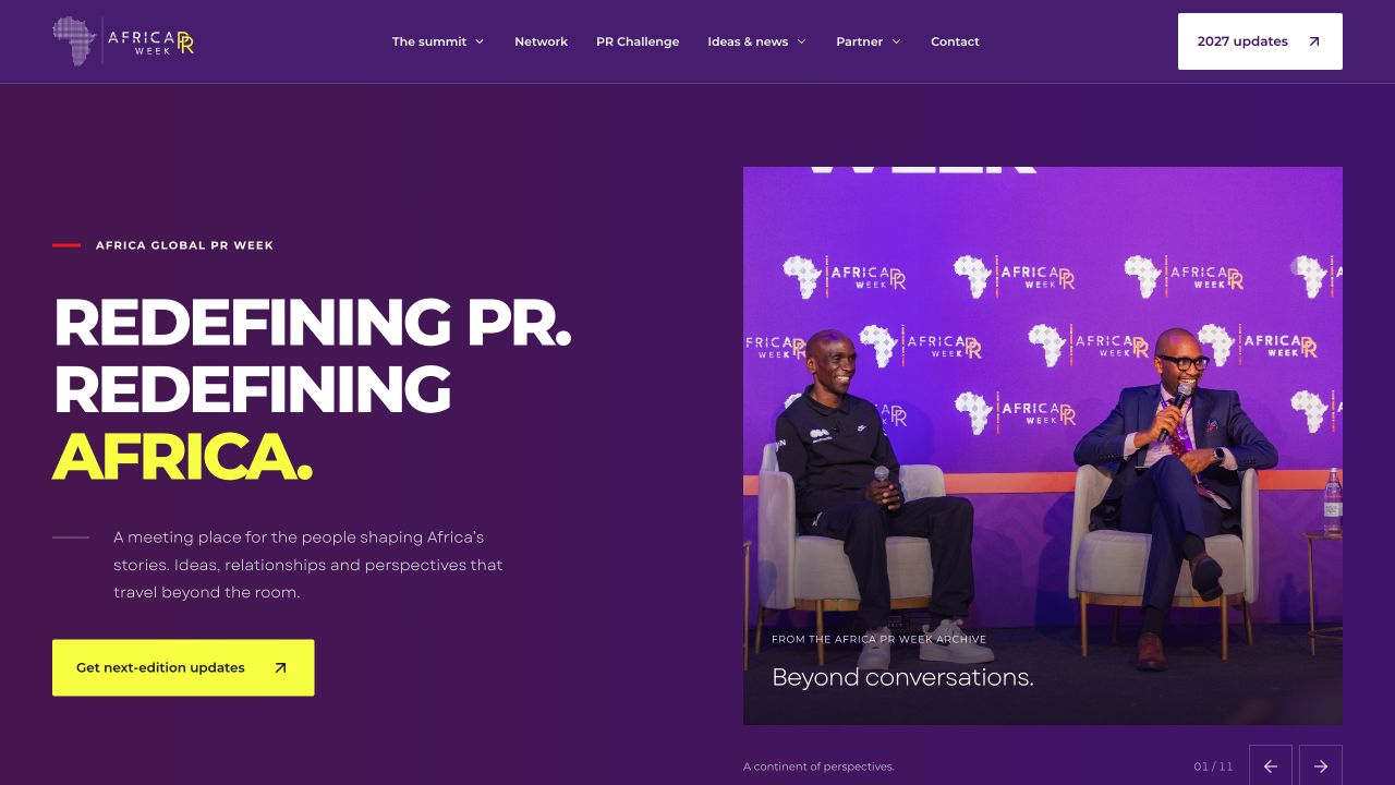 Africa PR Week homepage with bold purple typography and summit photography